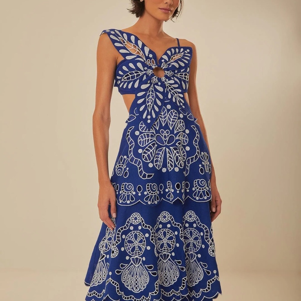 FARM Rio Blue flower Richelieu linen dress